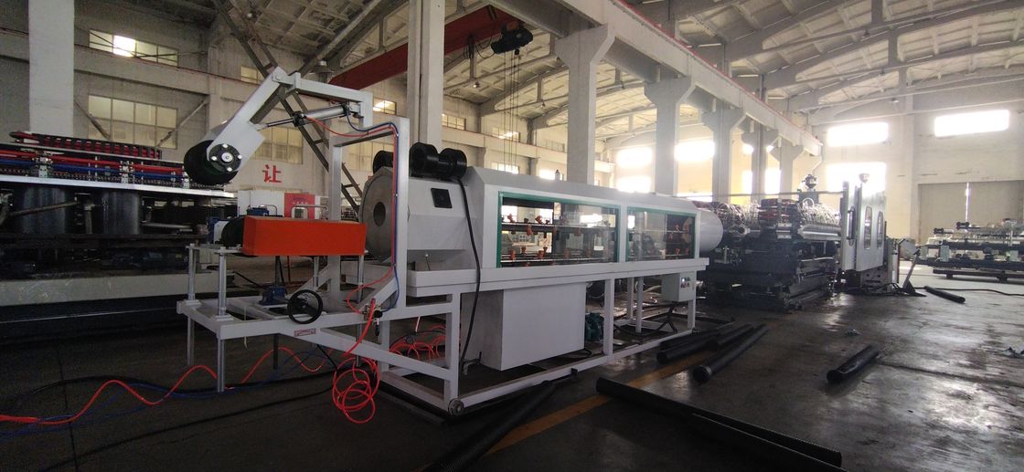 خط اکستروژن لوله موجدار دو جداره اتوماتیک با سیستم کنترل PLC پیشرفته و قالب های 28/36 جفتی برای محدوده قطر لوله 50 میلی متر تا 200 میلی متر