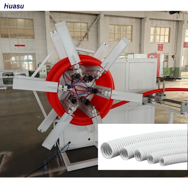 خط اکستروژن لوله موجدار تک جداره با کنترل PLC، شامل دستگاه موج‌ساز نوع قالب دوار و HDPE برای تولید لوله